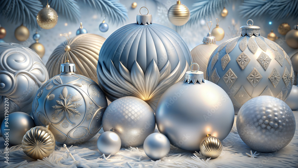 Christmas Ornament Background, Close Up of White, Gray, Blue, and Gold Baubles with Soft Reflections, Elegant and Festive Christmas Ornament Background, Close Up of White, Gray, Blue, and Gold Baubles with Soft Reflections, Elegant and Festive