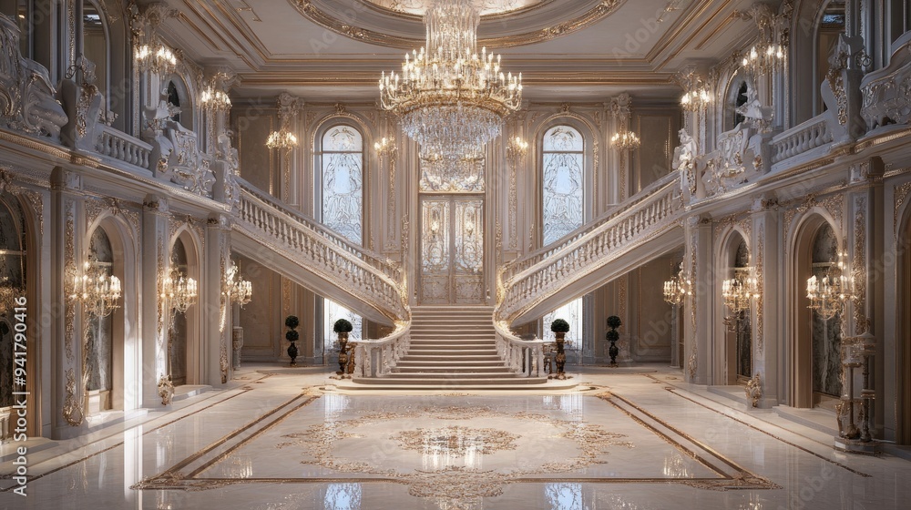 Obraz premium Palatial European mansion with a vast copy floor, adorned with chandeliers and intricate details.