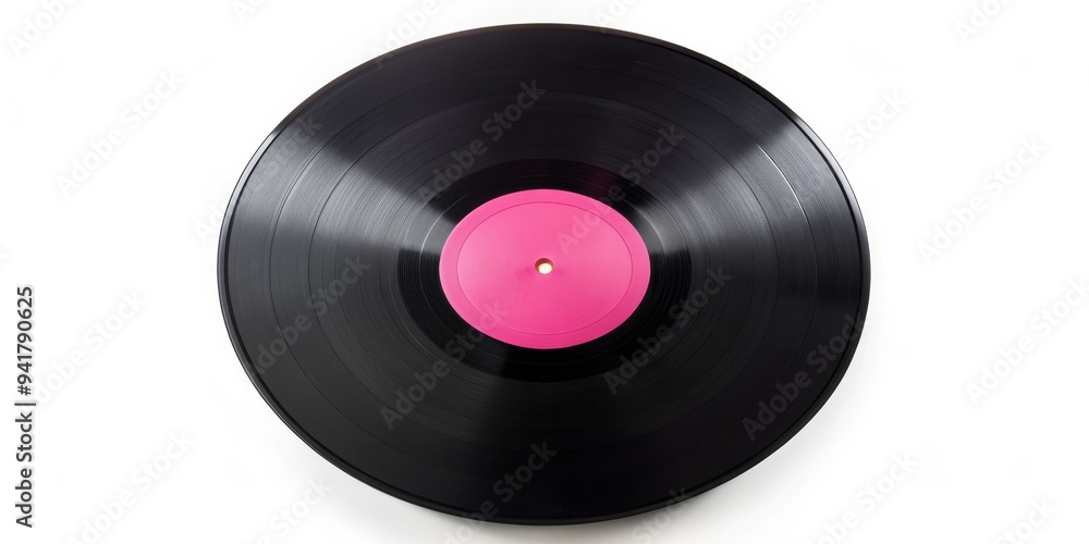 Black Vinyl Record with Pink Label, White Background, Top View, Vinyl, Record, Music, Analog Black Vinyl Record with Pink Label, White Background, Top View, Vinyl, Record, Music, Analog