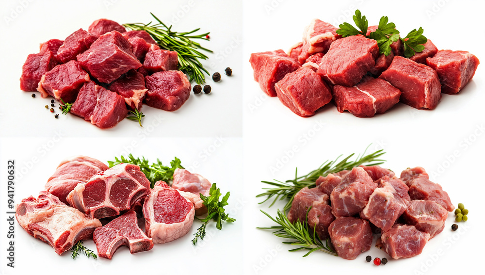Meat, fresh meat cut into pieces, isolated on a white background Meat, fresh meat cut into pieces, isolated on a white background