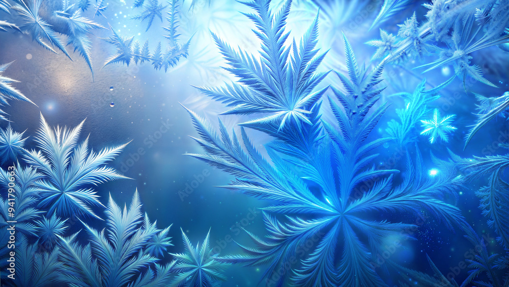 Frosty Window Background, Intricate Ice Crystals Forming Patterns on Glass with a Soft Blue Glow, Cold and Festive Frosty Window Background, Intricate Ice Crystals Forming Patterns on Glass with a Soft Blue Glow, Cold and Festive