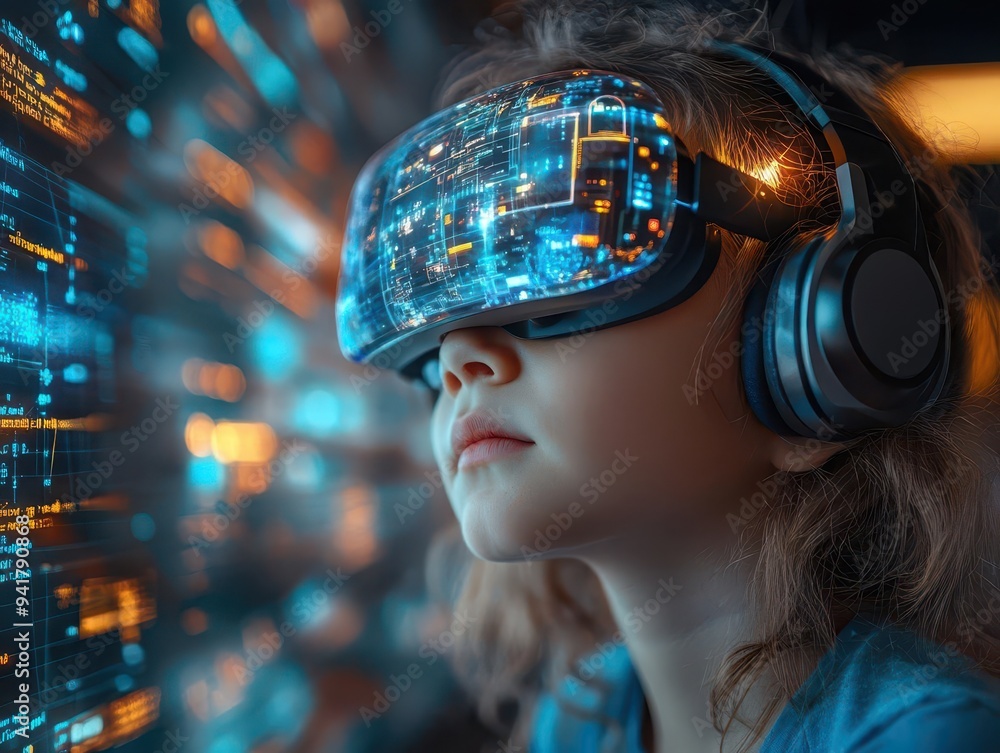 futuristic classroom with young student wearing sleek ar headset holographic projections of educational content surround the child bright clean aesthetic with subtle tech accents futuristic classroom with young student wearing sleek ar headset holographic projections of educational content surround the child bright clean aesthetic with subtle tech accents