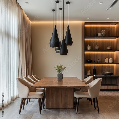 Modern Minimalist Dining Room Teardrop Lights Wooden Table and Curtains from a Low Perspective