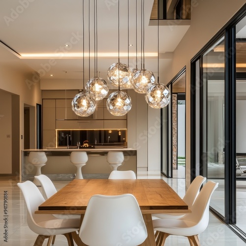 Modern Minimalist Dining Room with Geometric Light Fixtures and Wooden Table