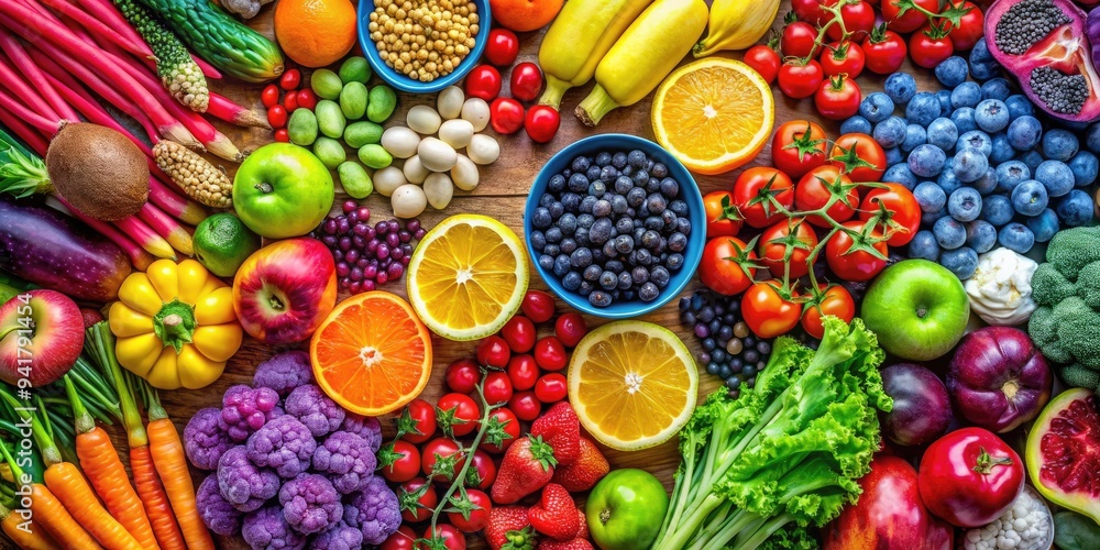 Kaleidoscopic Spectrum: Vibrant and varied colors, with a playful and eclectic style, showcasing a wide variety of vitamin-rich foods. Kaleidoscopic Spectrum: Vibrant and varied colors, with a playful and eclectic style, showcasing a wide variety of vitamin-rich foods.
