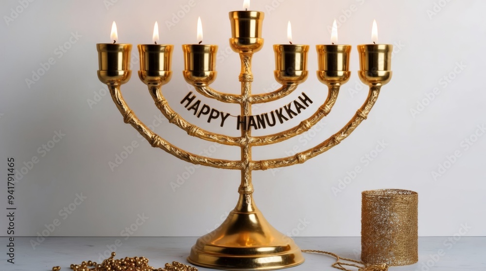 Golden menorah with word Happy Hanukkah, white background. Golden menorah with word Happy Hanukkah, white background.