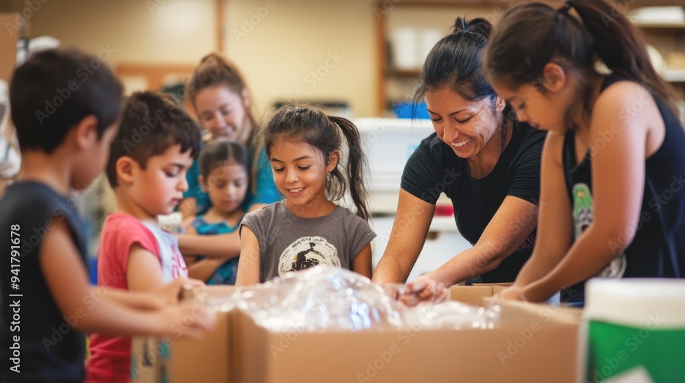 Obraz premium Bonding Through Service: Parents and Children Volunteer Together at a Community Center