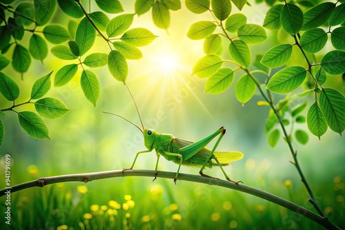 Wallpaper Mural Kelly Meadow: Soothing green foliage, grasshopper silhouettes, tranquil and idyllic setting Torontodigital.ca