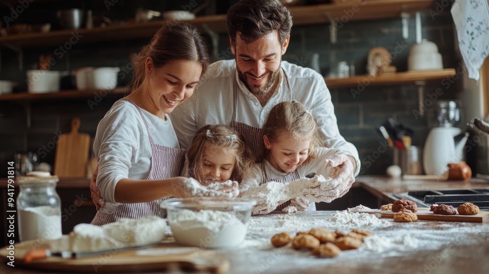 Happy Family Baking Cookies Together in Cozy Kitchen Setting Happy Family Baking Cookies Together in Cozy Kitchen Setting
