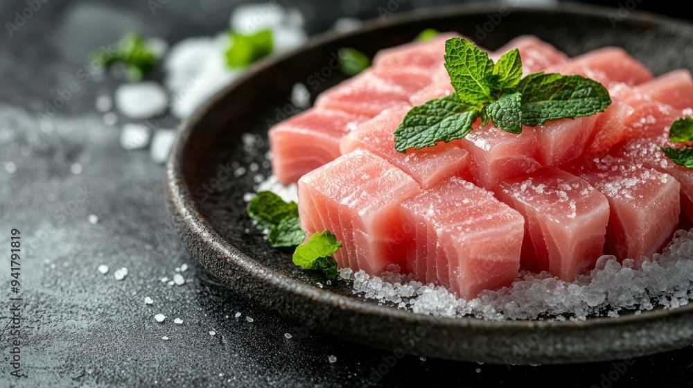 Fresh tuna sashimi with ice and mint on black plate Fresh tuna sashimi with ice and mint on black plate