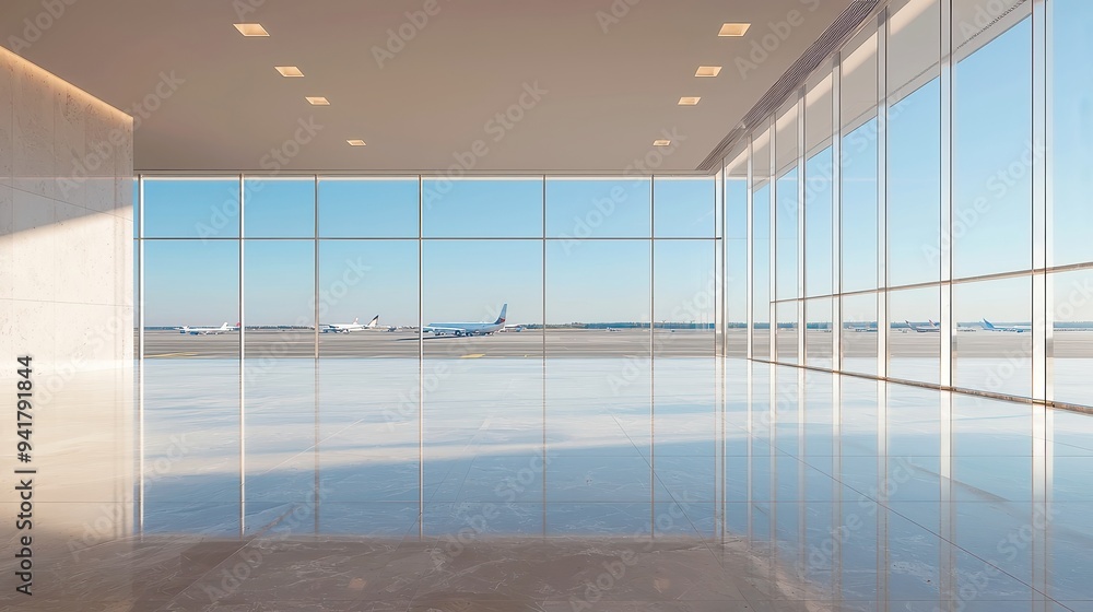 Fototapeta premium Opulent Airport Lounge, spacious seating areas, elegant decor, warm ambiance, inviting atmosphere, designed for comfort and relaxation, ideal for travelers seeking tranquility.