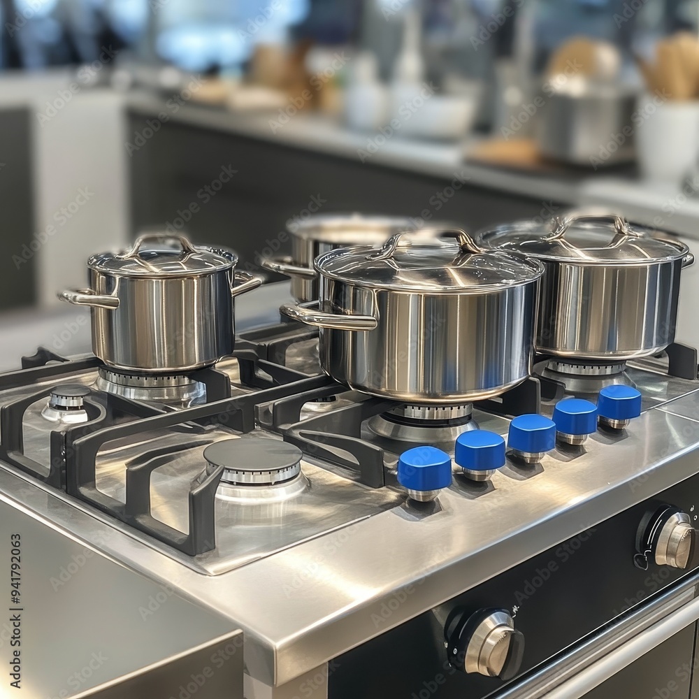 Shiny Steel Closeup of a commercial kitchen stove with gleaming pots blue knobs and a blurred background Shiny Steel Closeup of a commercial kitchen stove with gleaming pots blue knobs and a blurred background