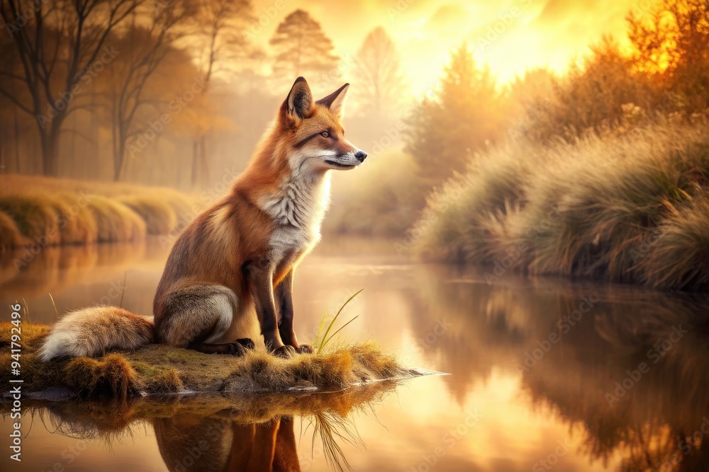 Lakeside Fox in Sepia Tones: Serene, tranquil, nostalgic; sepia washes, soft edges; warm browns and oranges; tranquil waters, solitude. Lakeside Fox in Sepia Tones: Serene, tranquil, nostalgic; sepia washes, soft edges; warm browns and oranges; tranquil waters, solitude.