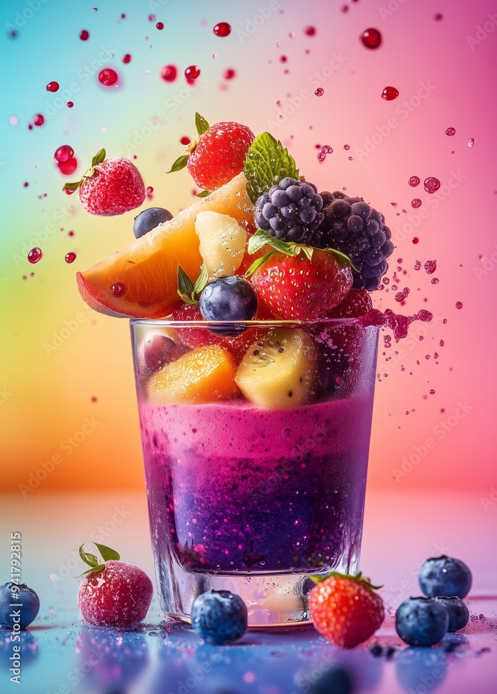 A colorful smoothie with fresh fruits and berries spilling out of the glass, vibrant color background, high-resolution photography, high detail, cinematic lighting, hyperrealistic A colorful smoothie with fresh fruits and berries spilling out of the glass, vibrant color background, high-resolution photography, high detail, cinematic lighting, hyperrealistic