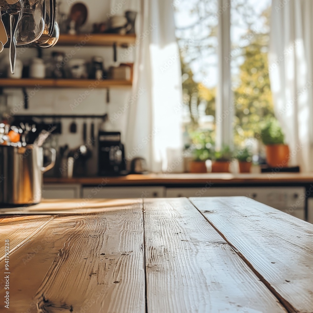 SunDrenched Kitchen Table A LowAngle Perspective on a Weathered Wooden Tabletop with a Blurred Background of a Kitchen and a Sunny Window SunDrenched Kitchen Table A LowAngle Perspective on a Weathered Wooden Tabletop with a Blurred Background of a Kitchen and a Sunny Window