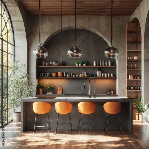 Sundrenched Kitchen Island Lowangle view of a contemporary kitchen island with orange bar stools a wooden ceiling and a view through a large window