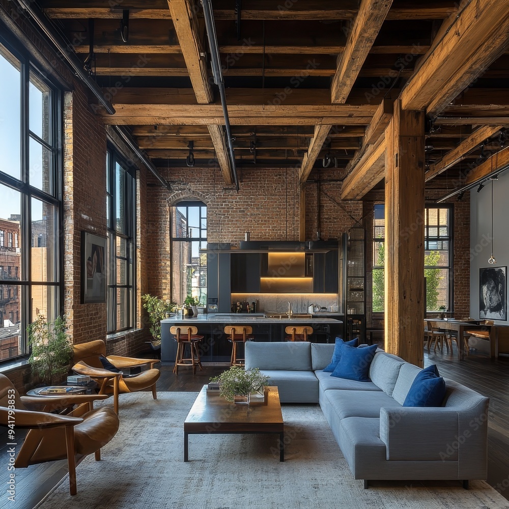 Fototapeta premium Urban Loft Living A Low Angle Perspective of a Spacious Living Room with Exposed Beams Brick Walls and a Modern Gray Sofa