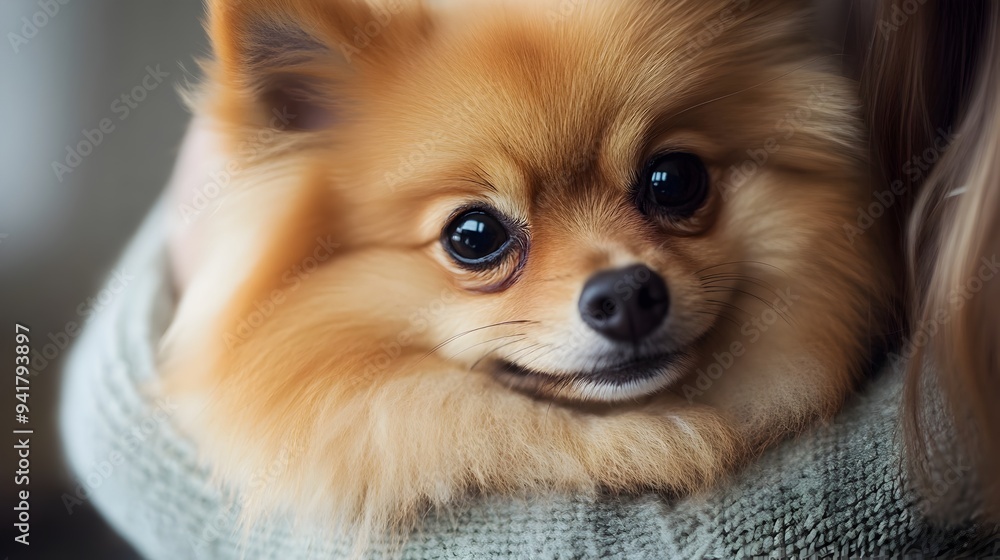 Pomeranian Dog Being Held by Owner in Cozy Studio Setting with Copy Space Fluffy Domestic Canine Pet Looking Content and Cuddly Pomeranian Dog Being Held by Owner in Cozy Studio Setting with Copy Space Fluffy Domestic Canine Pet Looking Content and Cuddly