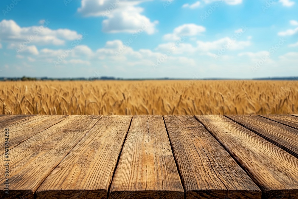 Empty table made of wooden planks for displaying products with blurred wheat field and blue sky background. High quality photo. Empty table made of wooden planks for displaying products with blurred wheat field and blue sky background. High quality photo.