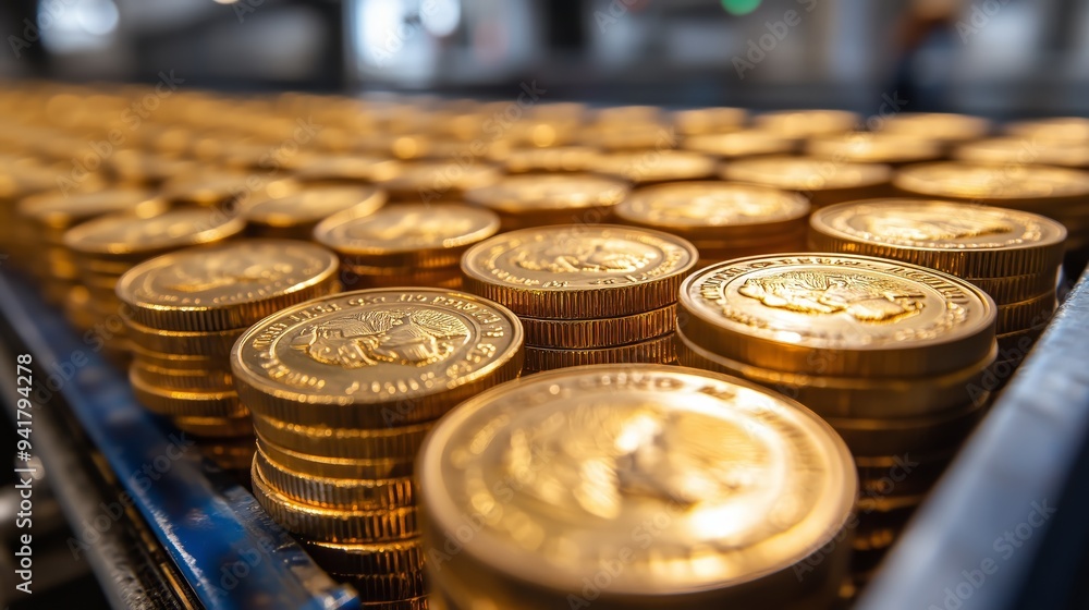 Close-up view of neatly stacked copper-colored coins on a conveyor belt at a coin minting factory. Close-up view of neatly stacked copper-colored coins on a conveyor belt at a coin minting factory.