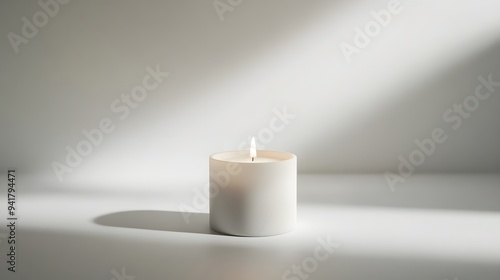 Wallpaper Mural Minimalist Candle: A small, plain white candle in a minimalist holder, centered on a white background, with a faint shadow for depth.
 Torontodigital.ca