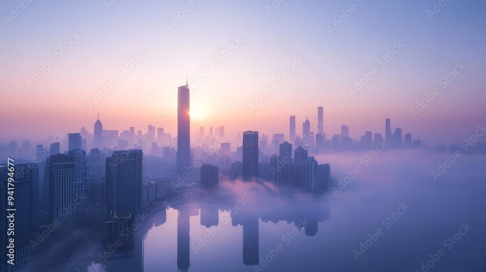 Cityscape at Sunrise with Fog and Reflections. Cityscape at Sunrise with Fog and Reflections.