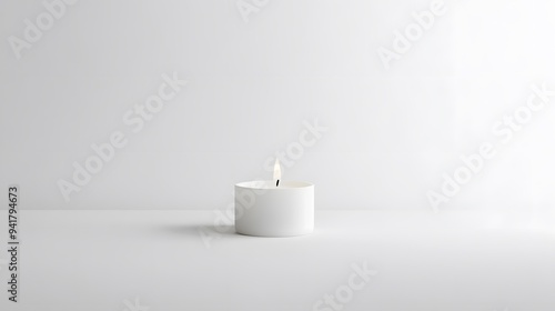Wallpaper Mural Minimalist Candle: A small, plain white candle in a minimalist holder, centered on a white background, with a faint shadow for depth.
 Torontodigital.ca