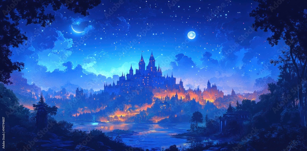 A Fantasy Castle in a Starry Night Sky A Fantasy Castle in a Starry Night Sky