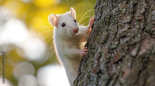 White mouse climbing tree bark in nature photo