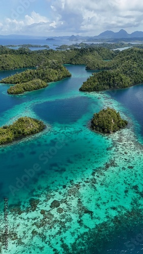 Aerial View of the Thousand Islands in the Togean National Park, Central Sulawesi, Indonesia. Similar to Piyanemo view in Raja Ampat. 