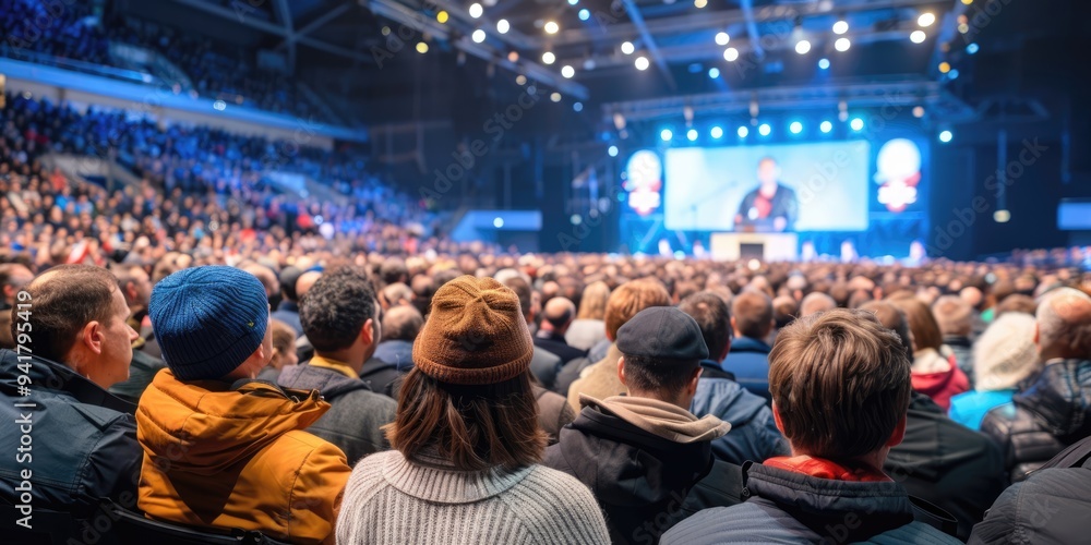 Large audience attending a political event in an indoor stadium during the evening Large audience attending a political event in an indoor stadium during the evening