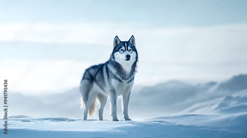 A Siberian Husky standing majestically in a serene snowy landscape with ample copy space for text overlay A Siberian Husky standing majestically in a serene snowy landscape with ample copy space for text overlay