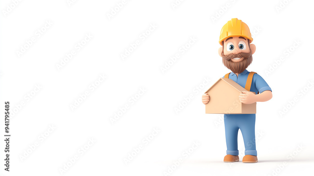 A cheerful cartoon builder holding a house model, perfect for construction, renovation, and home improvement projects. A cheerful cartoon builder holding a house model, perfect for construction, renovation, and home improvement projects.