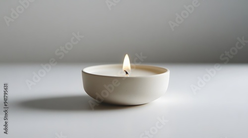 Wallpaper Mural Minimalist Candle: A small, plain white candle in a minimalist holder, centered on a white background, with a faint shadow for depth.
 Torontodigital.ca