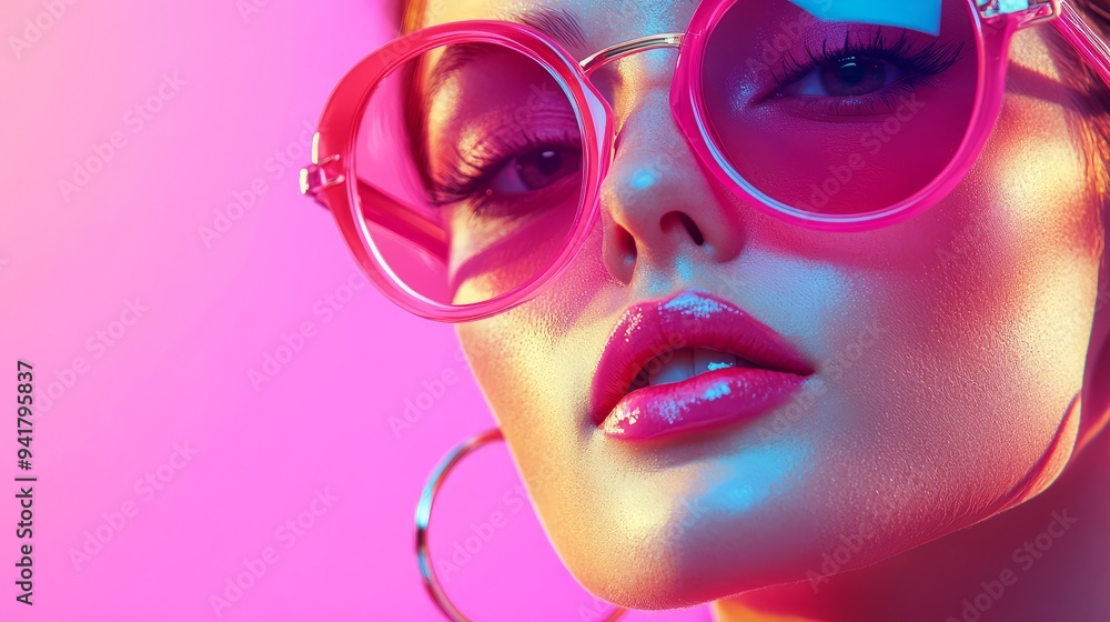 Woman with pink sunglasses in neon light Woman with pink sunglasses in neon light