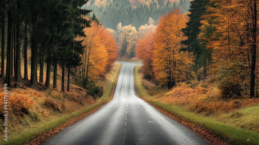 A picturesque road lined with autumn trees in the Black Forest, Germany, with space for your message A picturesque road lined with autumn trees in the Black Forest, Germany, with space for your message