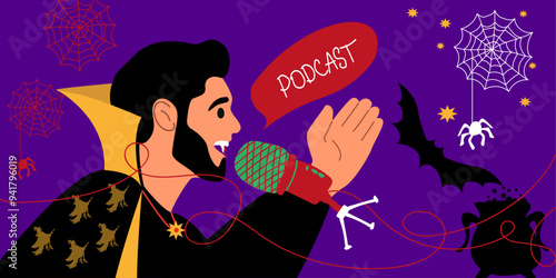 Halloween Podcast concept. Media tool, mic and speech bubble. Male podcaster wearing Vampire costume speaking to mic, broadcaster at workspace. Vector illustration.