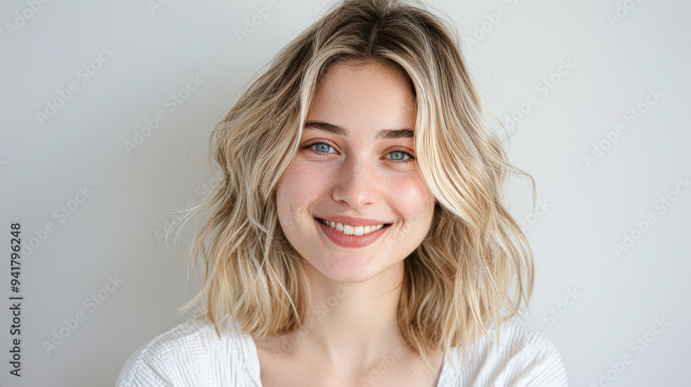 A woman with blonde hair and a white shirt is smiling A woman with blonde hair and a white shirt is smiling
