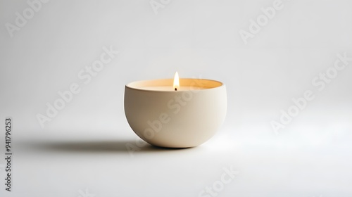Wallpaper Mural Minimalist Candle: A small, plain white candle in a minimalist holder, centered on a white background, with a faint shadow for depth.
 Torontodigital.ca