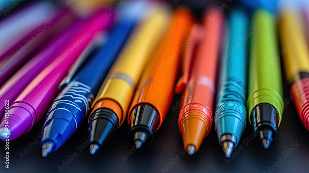 Close-up of a collection of vibrant colored pens neatly arranged on a desk, with a focus on their bright hues and design - Close-up of a collection of vibrant colored pens neatly arranged on a desk, with a focus on their bright hues and design -