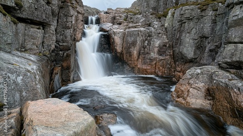 A picturesque waterfall flowing through a rocky landscape in Norway, with plenty of room for text