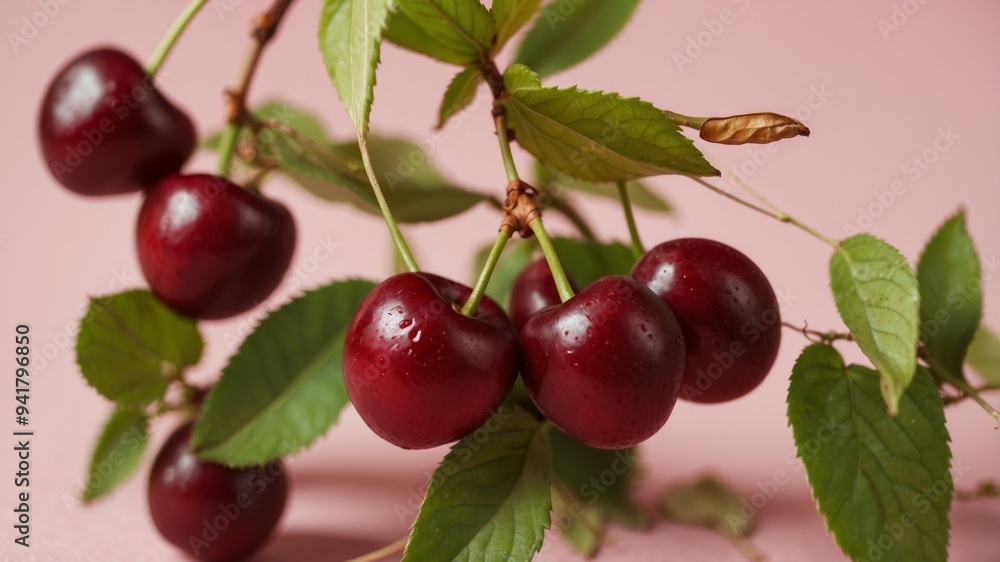 A background of ripe juicy cherries among green leaves on a pink background A sweet healthy snack. A background of ripe juicy cherries among green leaves on a pink background A sweet healthy snack.