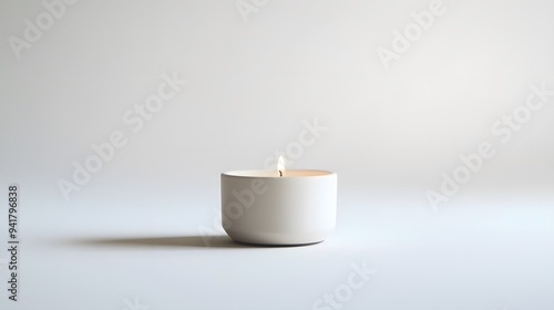 Wallpaper Mural Minimalist Candle: A small, plain white candle in a minimalist holder, centered on a white background, with a faint shadow for depth.
 Torontodigital.ca