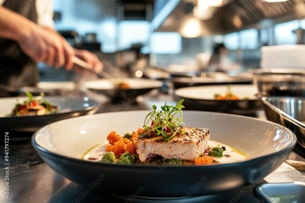 Chef preparing gourmet dish in a high-end restaurant kitchen Chef preparing gourmet dish in a high-end restaurant kitchen