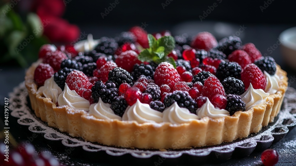 Closeup of a Delicious Berry Tart with Whipped Cream. Closeup of a Delicious Berry Tart with Whipped Cream.