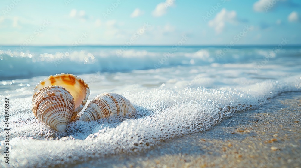 Seashells on the Beach with Waves and Blue Sky. Seashells on the Beach with Waves and Blue Sky.