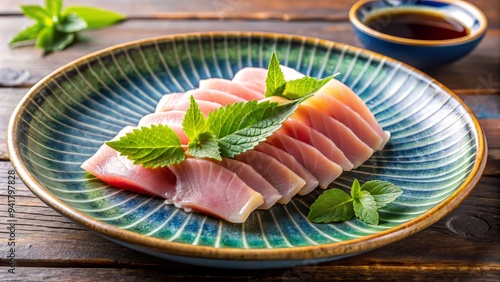  Thinly sliced yellowtail sashimi overlap in a harmonious curve on a hand-painted ceramic plate, accompanied by a small pourer of soy sauce and a delicate sprig of fresh mint