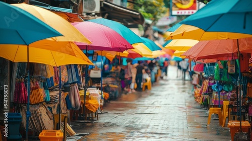 Colorful Umbrellas Line a Busy Street Market.