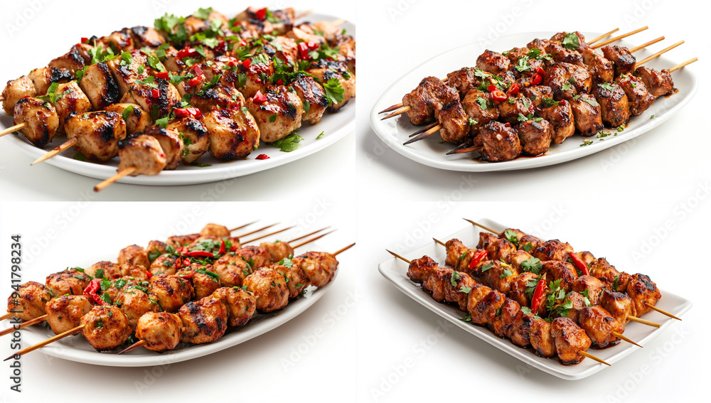 Grilled chicken skewers on a white plate Grilled chicken skewers on a white plate