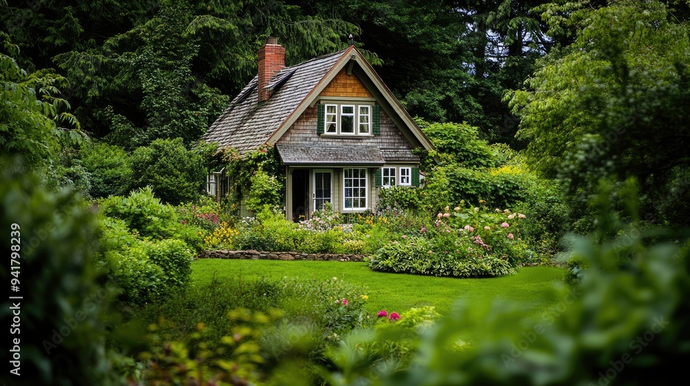A quaint garden house nestled in a lush green garden, with plenty of room for text in the surrounding greenery A quaint garden house nestled in a lush green garden, with plenty of room for text in the surrounding greenery